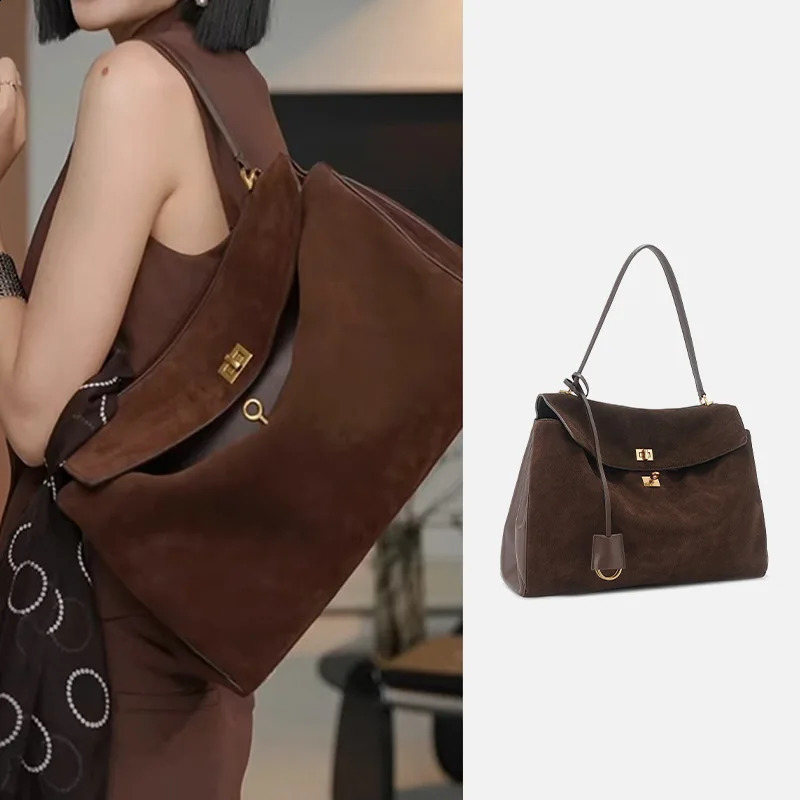 Autumn/Winter Suede Spliced Cowhide B Home Kelly Bag Buckle Handheld Underarm Single Shoulder Handbag 241019 1571 4