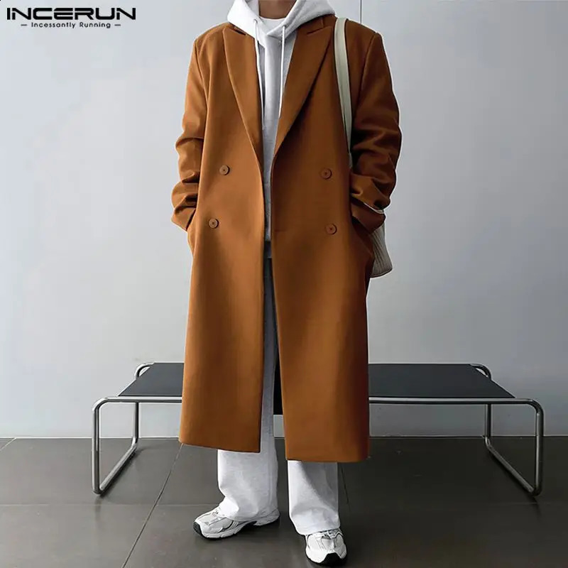 INCERUN Mens Coats Solid Collar Long Sleeve Double Chest Casual Mens Coat Street Clothing Fashion Long Coats S-5XL 241021