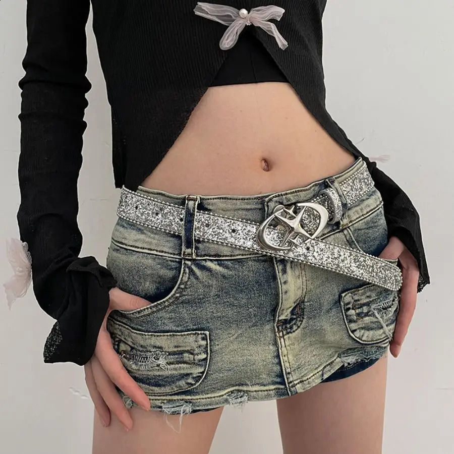 Y2K Girls Cross Star Silver buckle girl cowboy belt suitable for womens daily use of hip hop party belt fashion everything 241024