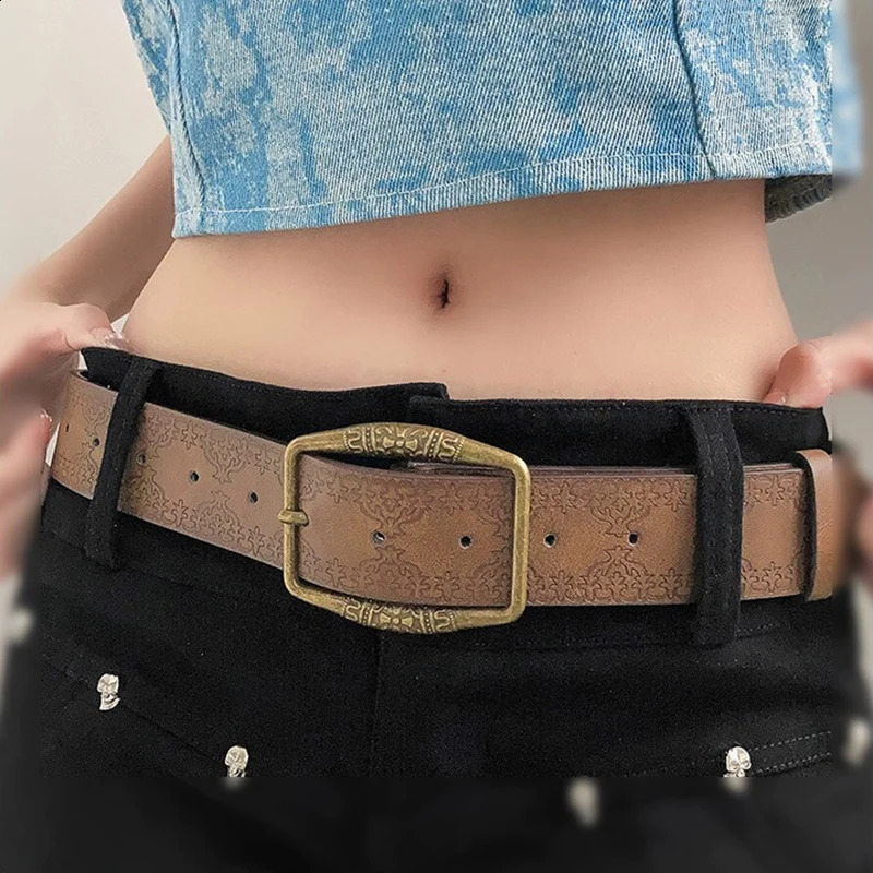 Retro Pattern Print Belts Women Pu Leather er Buckle Pin Waist Belt Y2K Vintage All-Match Waistband Accessories 241024
