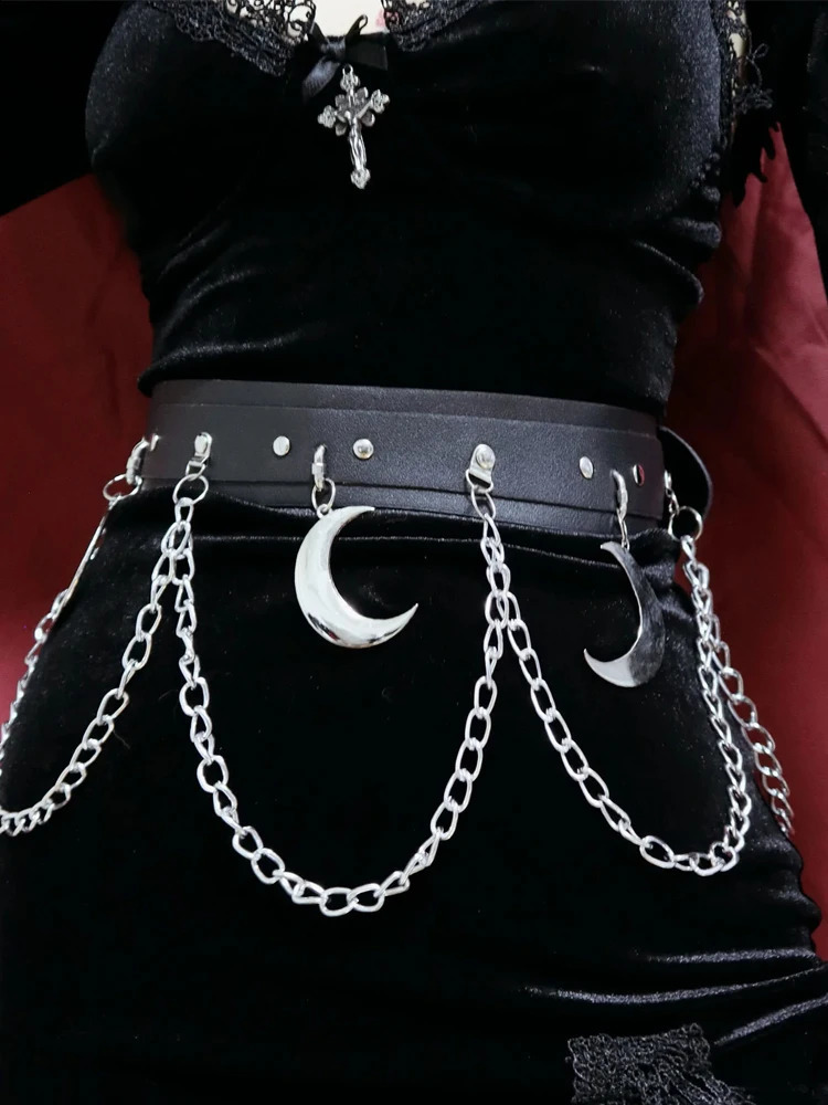 WSW nothing moon hardware fashion black minority versatile belt Y2K chain metal Punk Gothic style 241024