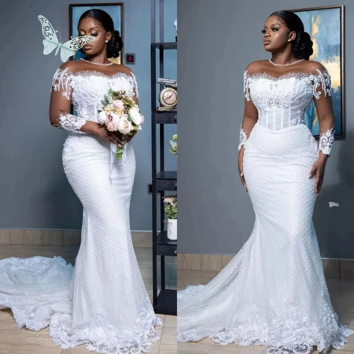 White Mermaid Wedding Dresses Women Elegant Sheer Long Sleeved African Bridal Gowns Lace Country Dress Second Reception Gown Plus Size