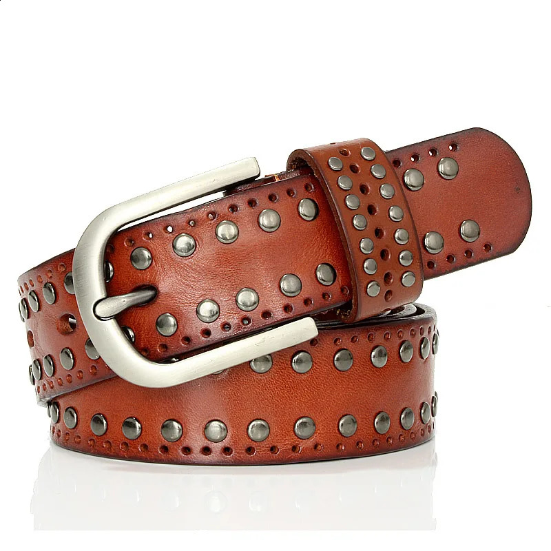 3.3CM Punk Lady Belts Rivet Women Belt High Quality Real Genuine Leather Belt Female Strap Vintage Woman Cowskin Belt For Jeans 241024