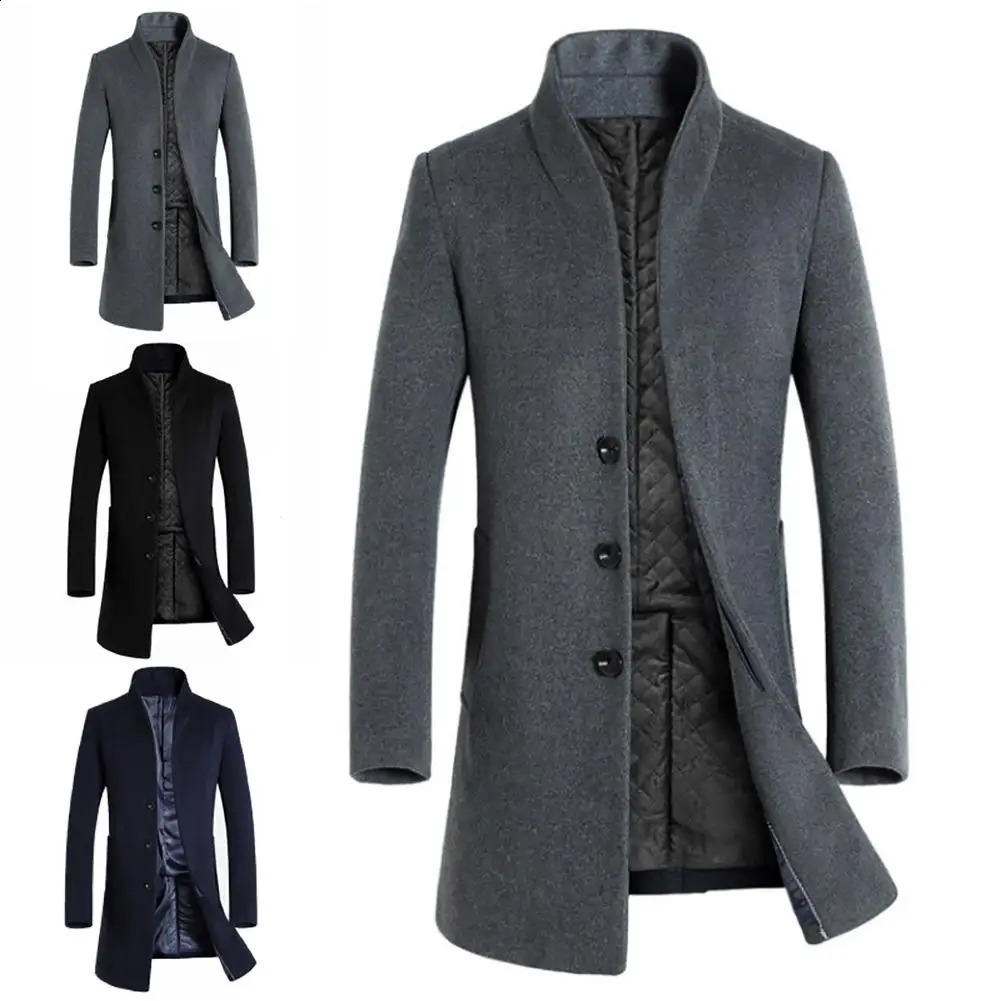 Mens Winter Warm Solid Color Wool Trench Coat Ultra Thin Coat Long Coat Mens Solid Color Jacket Long Button Wool 241021
