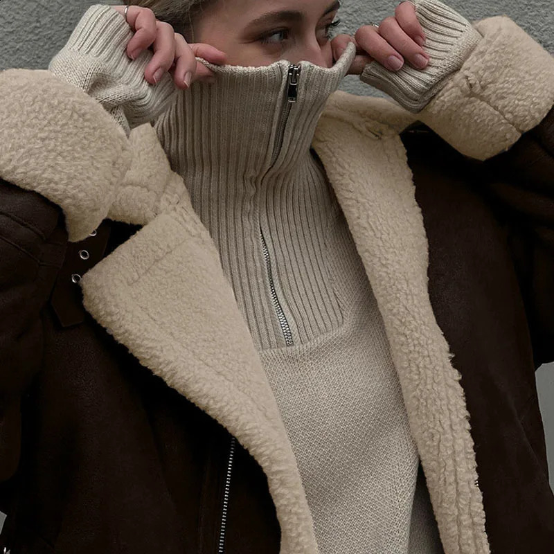 Womens Winter Loose Suede Jacket Womens Short Sherpa Warm Retro Jacket 241007