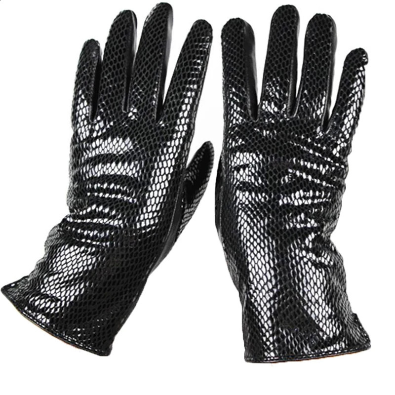 Snake Print Leather Sheepskin Gloves Womens Fashion High Gloss Velvet Lining Autumn and Winter Warm Driving Gloves 241024