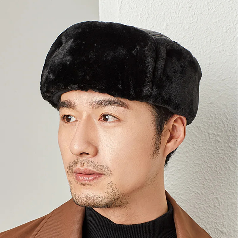 Winter Lei Feng Hats Man Genuine Leather Cap Male Warm Faux Fur Inside Big Earflap Middle-Aged Elderly Father Gorras Ear Cap 241024