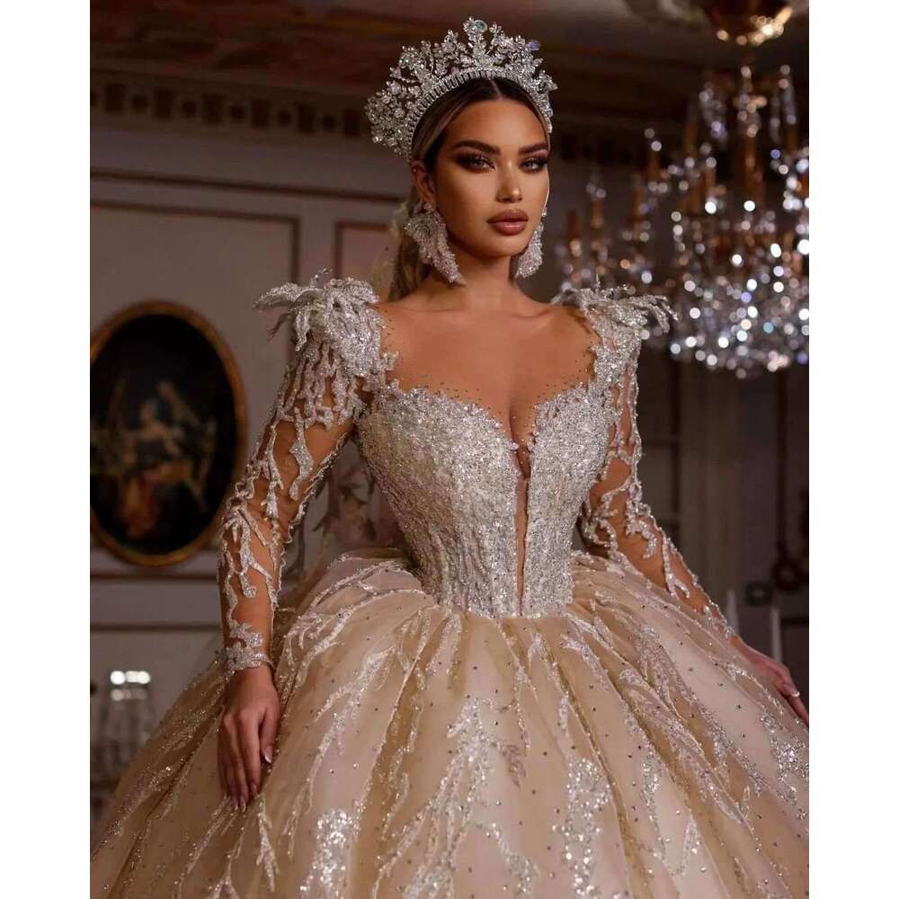 Gorgeous Wedding Dress Ball Gown Crystal Sequined Ruched Long Sleeve or-Length Princess Bride Vestido De Noiva Custom Made