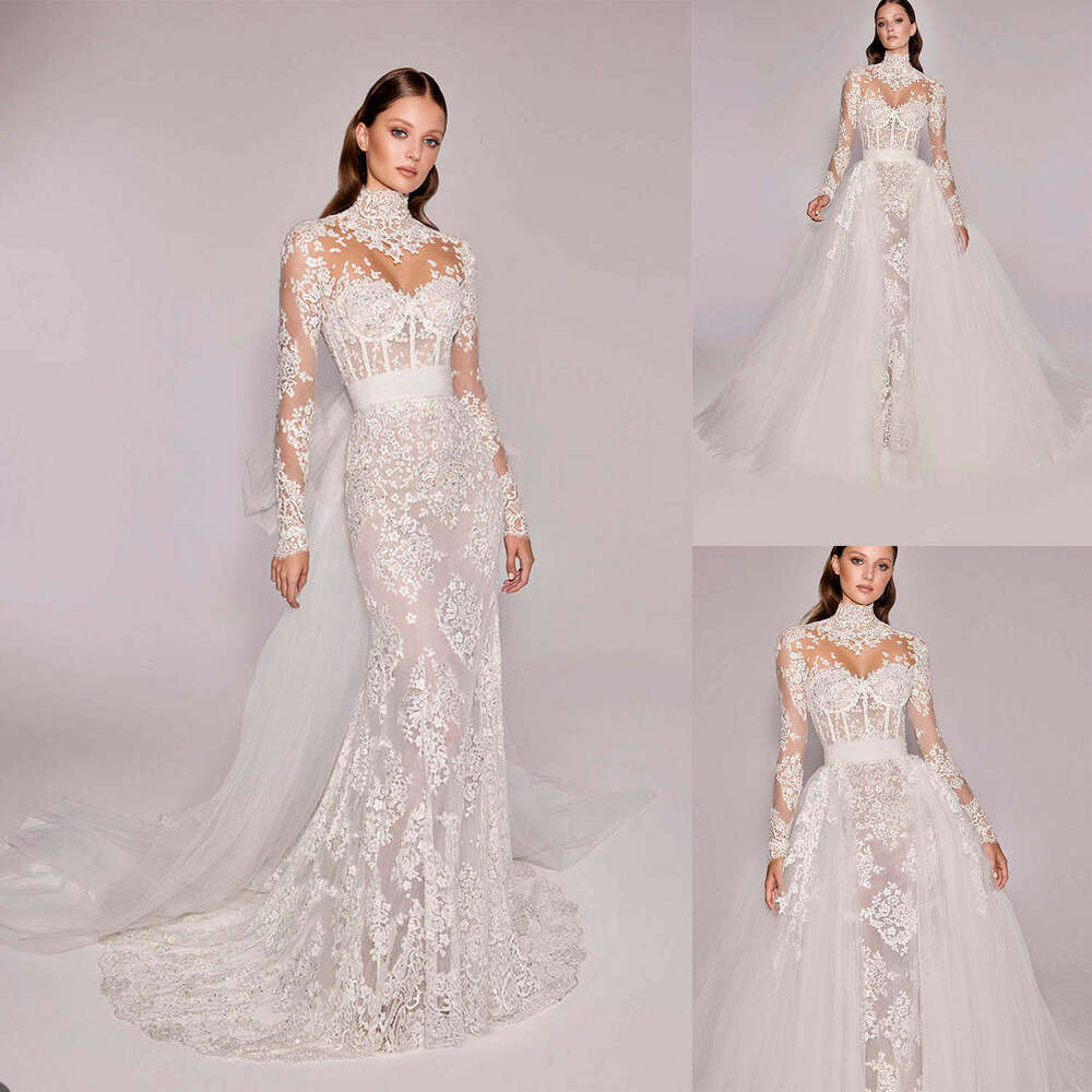 Ful Wedding Dress Mermaid High Collar Appliques Long Sleeve Detachable Train Bride Gown Vestido De Noiva Custom Made 0228Lz