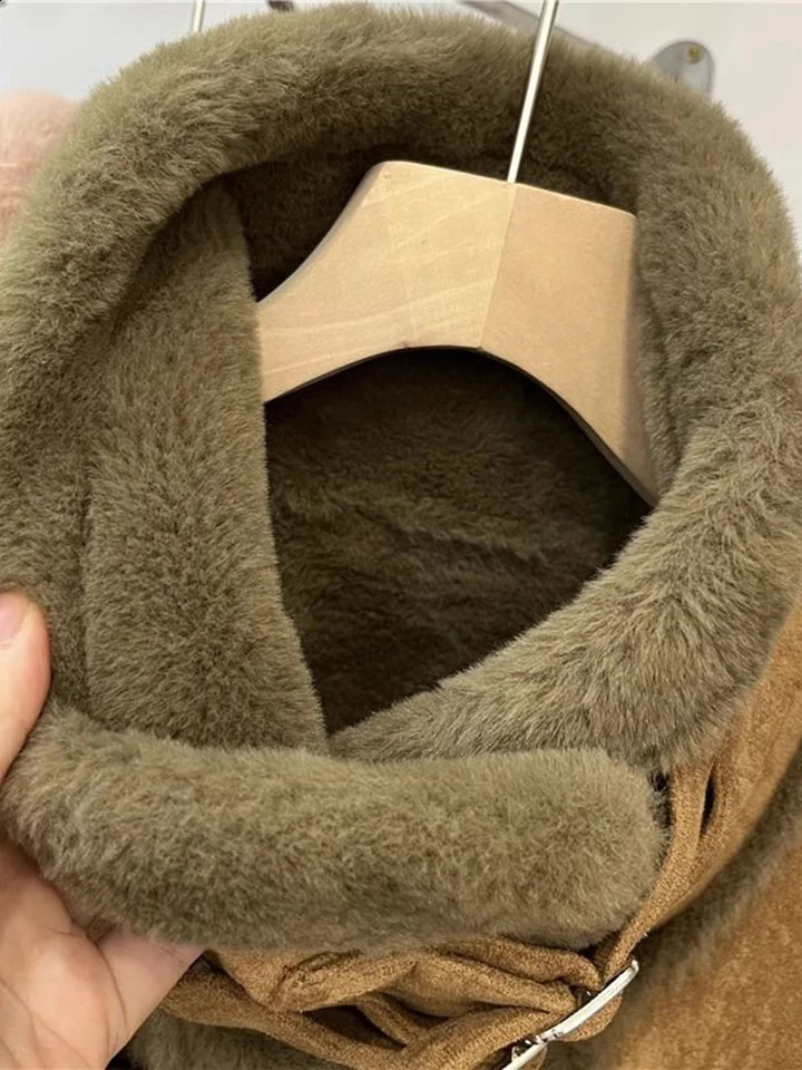 Winter sheepskin coat synthetic fur suede leather womens warm sheepskin coat zipper motorcycle long sleeved short sleeved casual coat 241007CJ