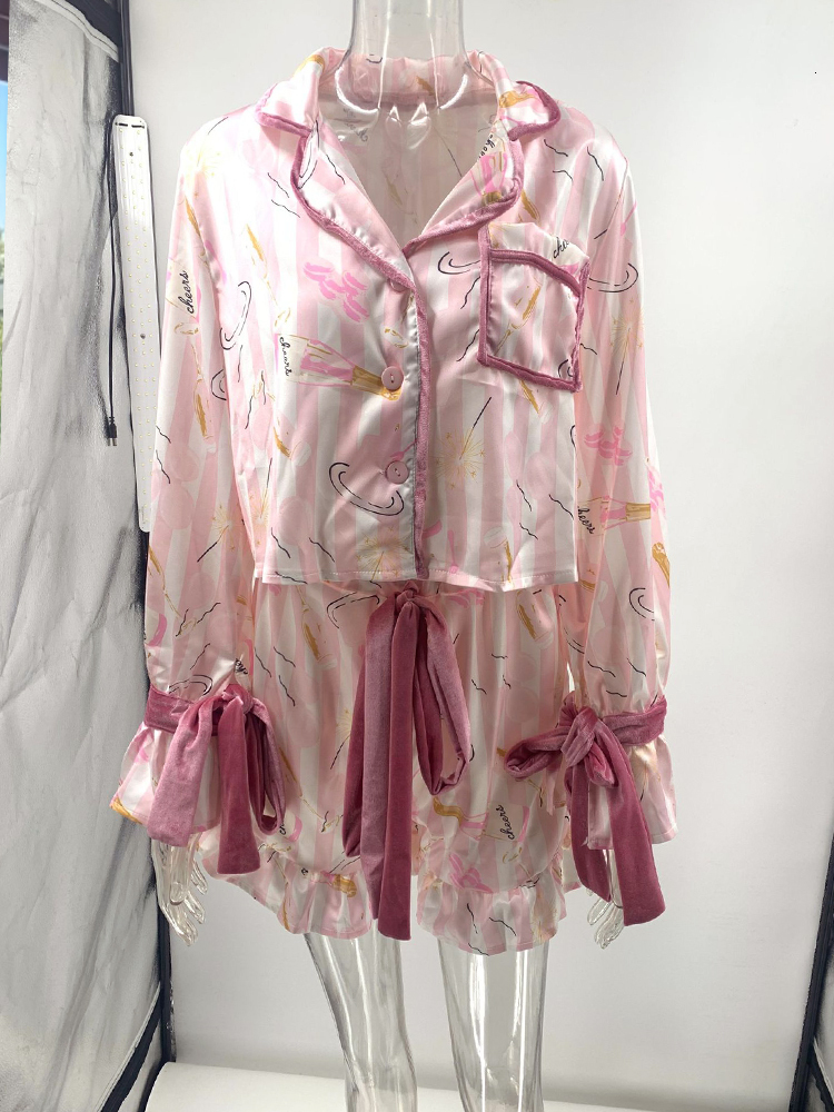 2025 Y k Pink Bow Pama for Women Piece Shorts Cute Short trend Sleeve Matching Lounge Shirts Sets S Santa Claus pamas