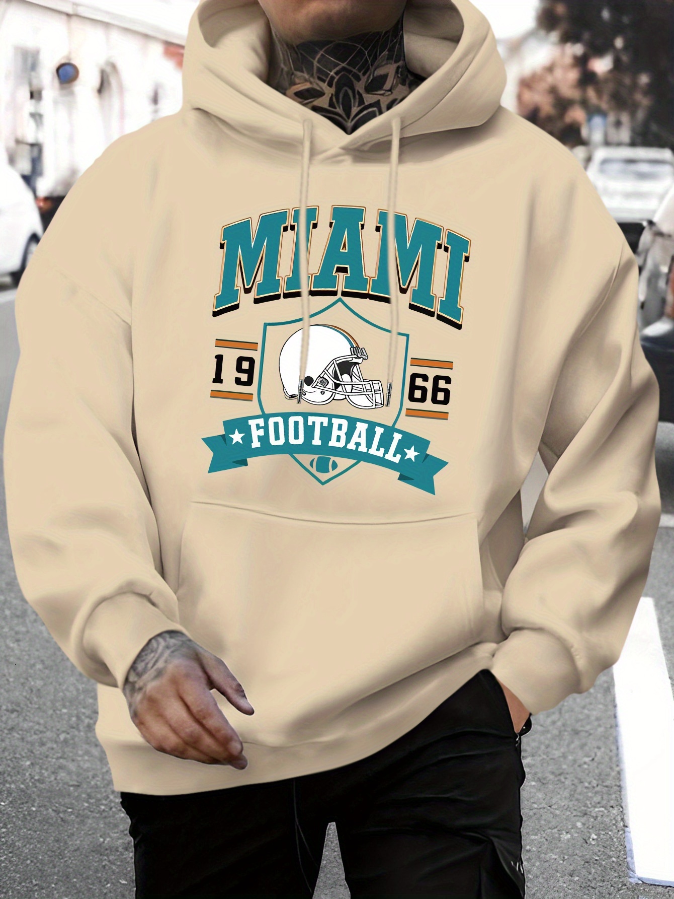 Men's Miami Letter Print Casual Hoodie - Fashionable Drawstring Pullover with Kangaroo Pocket, Comfortable Long Sleeve Hooded Sweatshirt for Fall