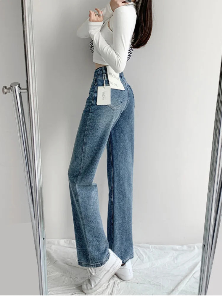 European womens jeans and American loose high waisted slim fit straight blue automatic pocket pants 241021