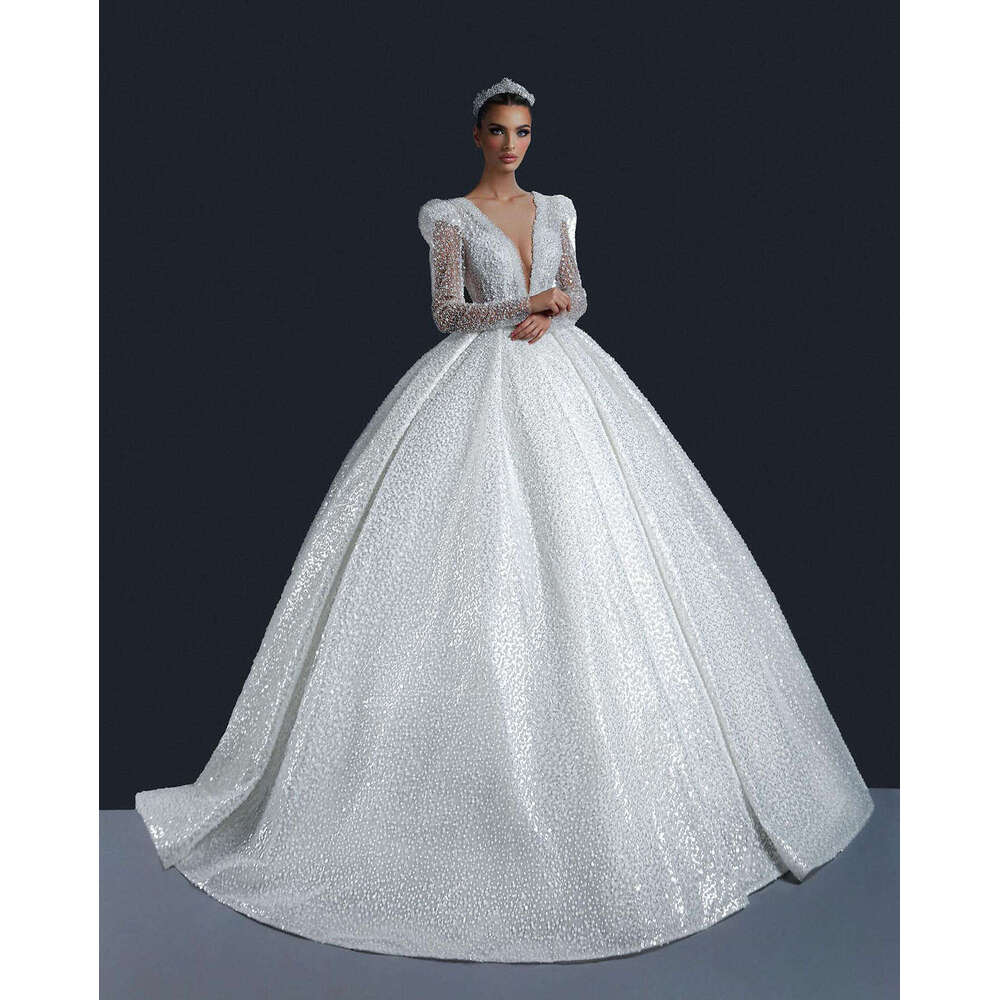 Ball Gown V-Neck Sequined Pearls Long Sleeve Plus Size Wedding Dress Princess Vestido De Noiva Custom Made 0228Lz