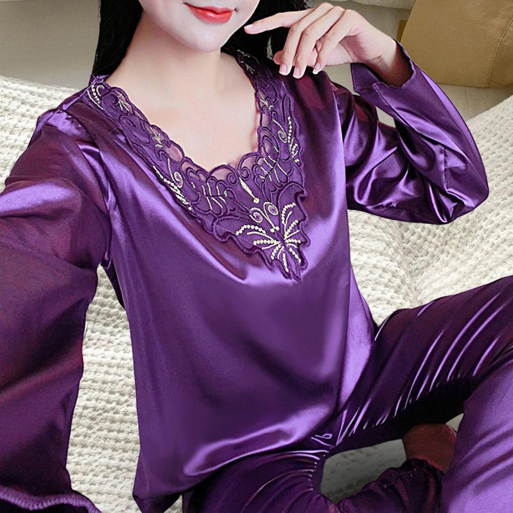 2025 Pcs Set Pamas Silky Long Sleeves V Neck Solid fashion Color Loose Sleeping Lace Plus Size Women Nightie Set for Bedroom