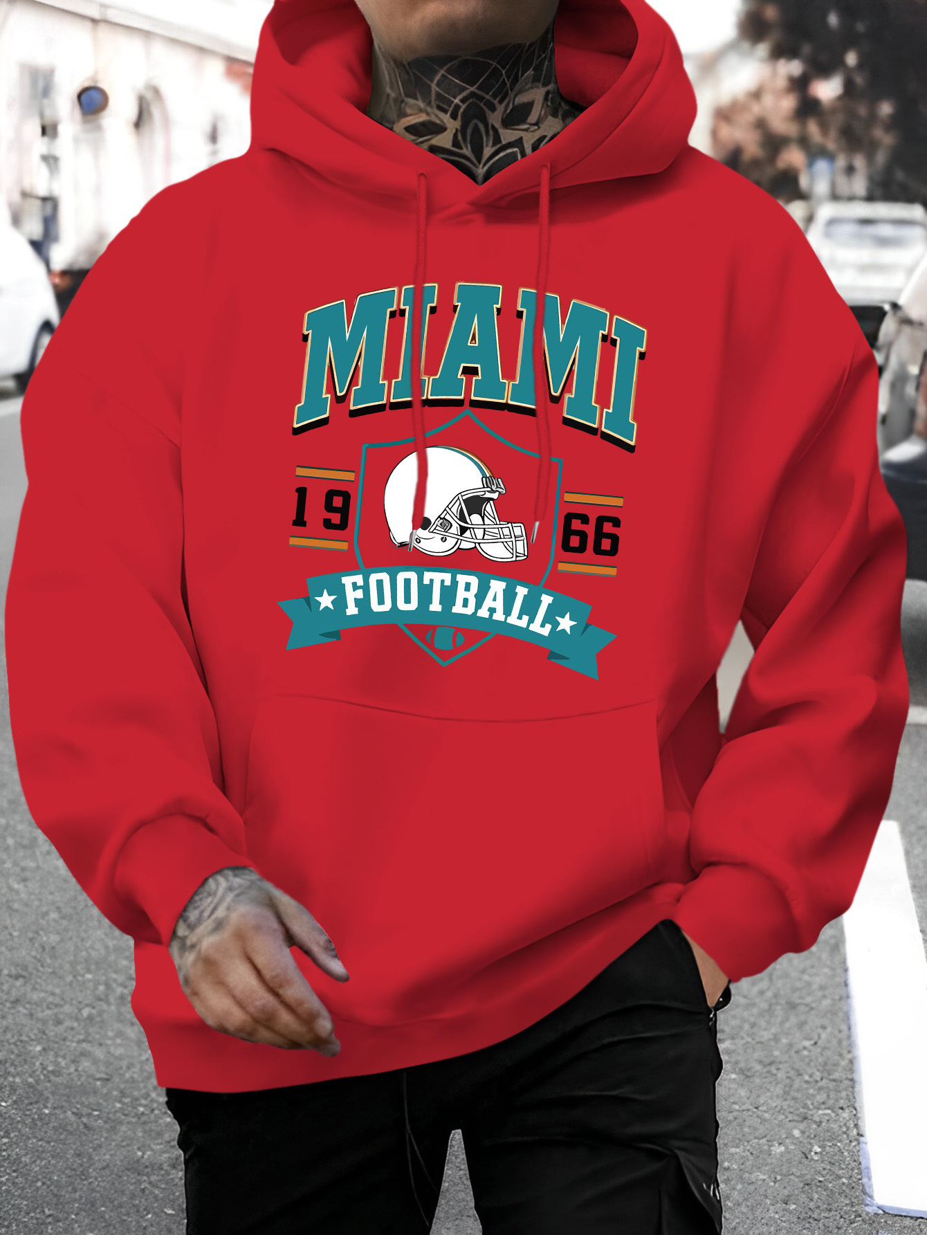 Men's Miami Letter Print Casual Hoodie - Fashionable Drawstring Pullover with Kangaroo Pocket, Comfortable Long Sleeve Hooded Sweatshirt for Fall