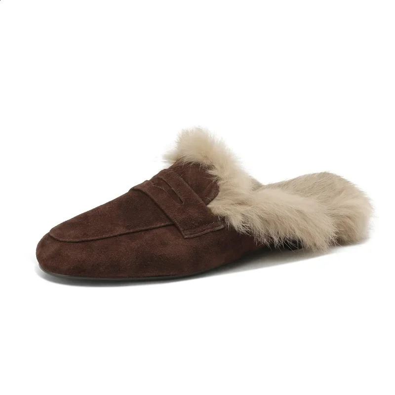 Slip On Simple Shoes Outwear Woman Warm Shoes mules Natural Suede Flat Shoes For Women SlippersMules Womens Fur Flats Slippers 241010