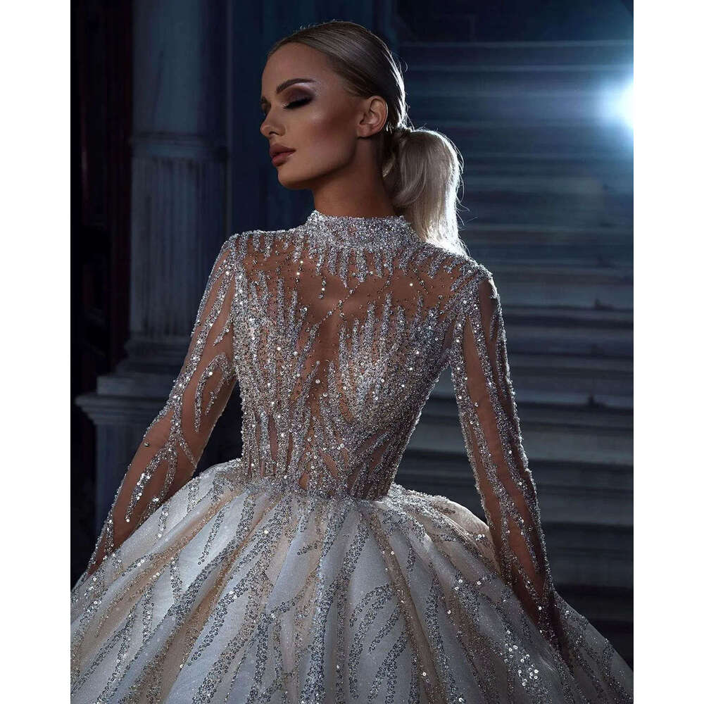 Wedding Dress Illusion Ball Gown High Collar Sequined Ruched Long Sleeve Or-Length Bride Vestido De Noiva Custom Made 0218