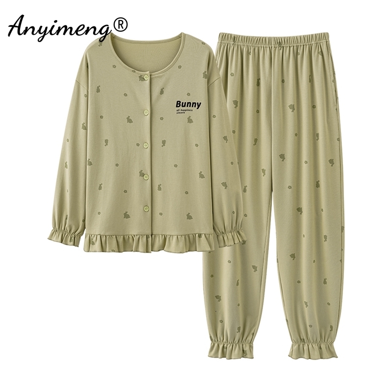 2025 New designer cute bear print autumn and winter women s fashion cotton Pama set long sleeved Pamas pleated cuffs pajamas cardigan wool sweater hom