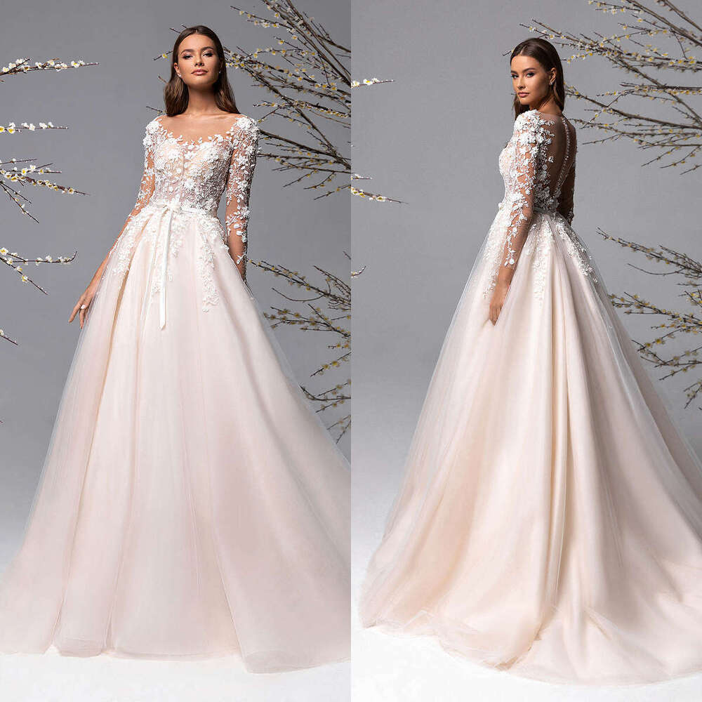 Stunning Wedding Dress A-E Appliques Lace Silk Belt Long Sleeve Or-Length Princess Bride Vestido De Noiva Custom Made 0228Lz