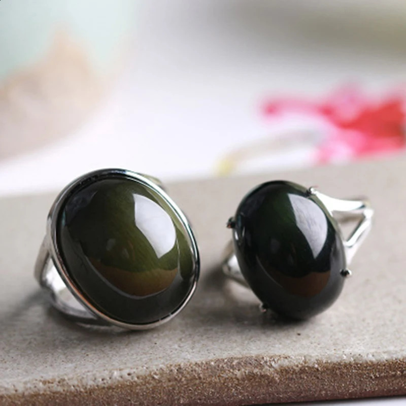 Natural Obsidian Ring Green Cats Eye S925 Pure Silver Mosaic Ring Simple Mens Gift Crystal Ring Jewelry Wholesale 241021