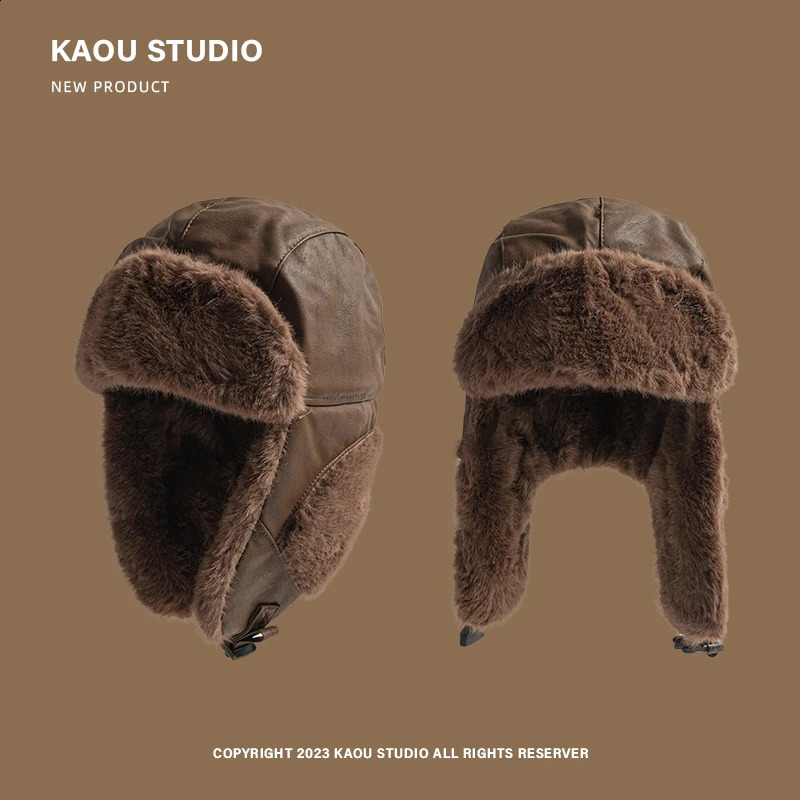 Winter Mens and Womens Leather Lei Feng Cap Retro Cold-proof Russian Hat Outdoor Velvet Ski Cycling Ear Protectors Bomber Hats 241024