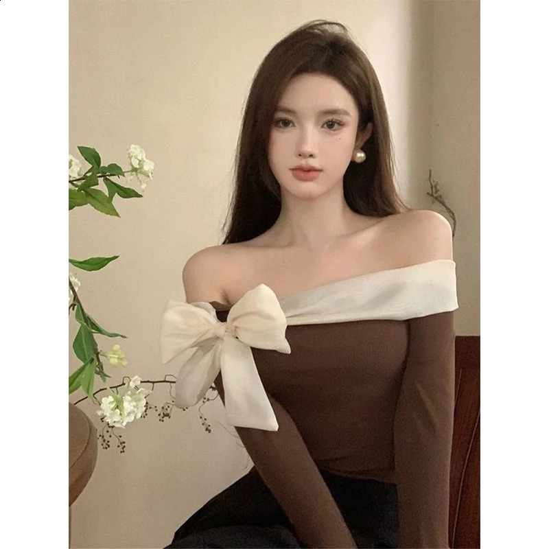 MEXZT French Elegant Sweater Women Sexy Off Shoulder Bow Slash Neck Pullovers Ladies Y2K Korean Stretch Slim Long Sleeve Tops 250107