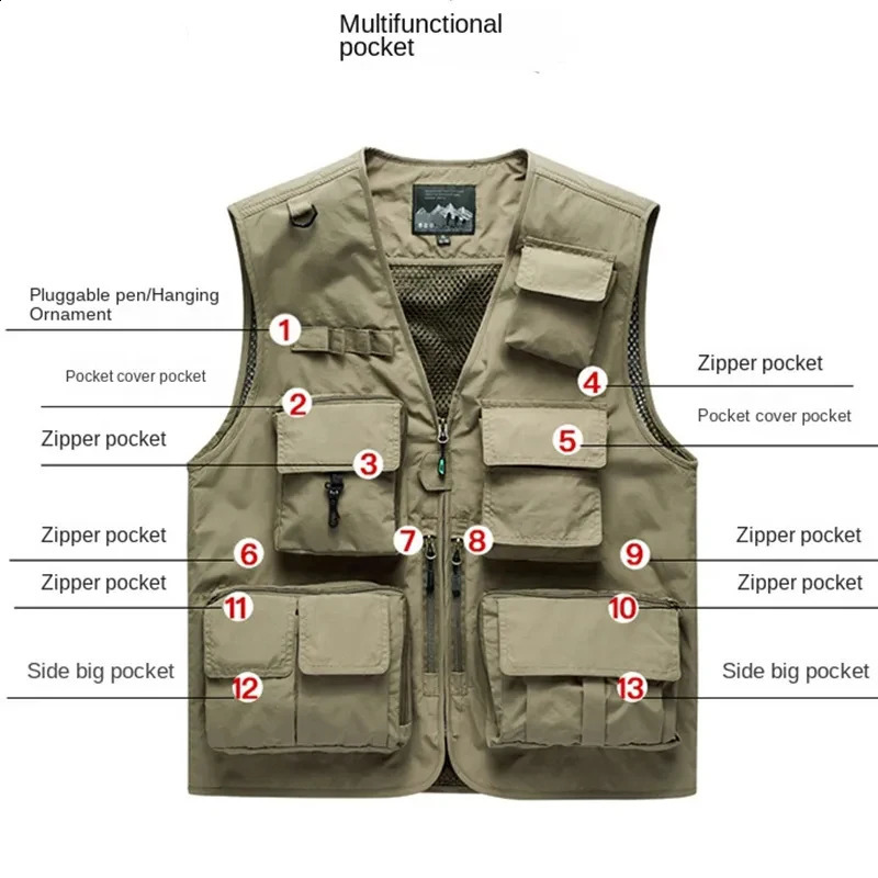 Mens Vest MultiPocket Thin Trend Mesh Breathable Detachable Waistcoat Outdoor Mountaineering Fishing Casual Male 241021