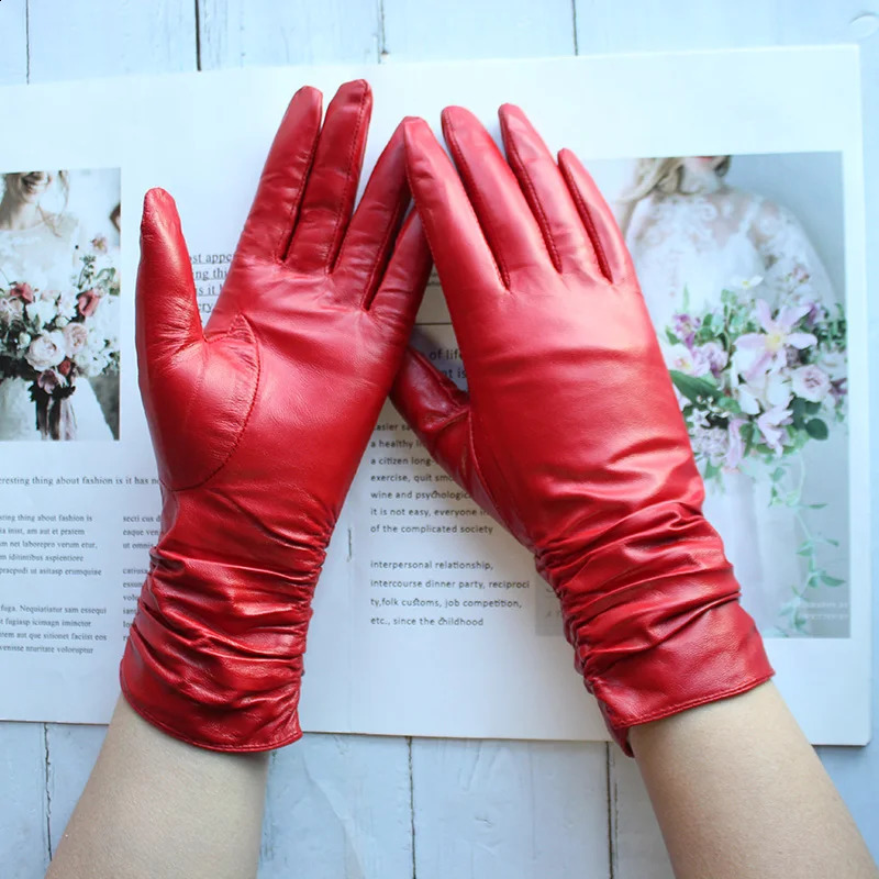 Winter Warm Sheepskin Gloves for Women with Velvet Lining and Colored Genuine Leather Motorcycle Driving Gloves 241024