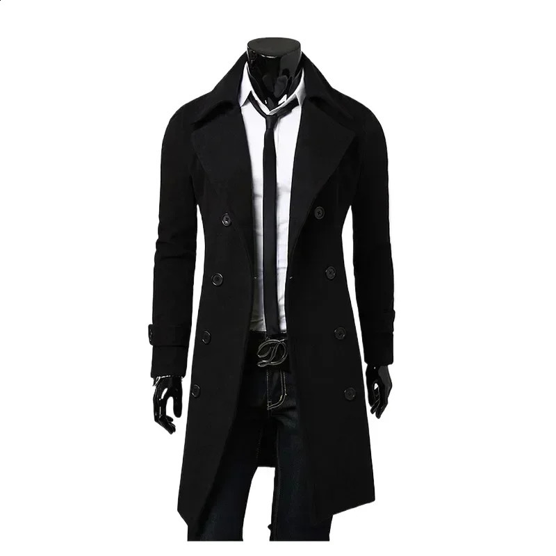 Mens double breasted trench coat wool blend autumn and winter solid casual slim fit long jacket wool coat fashionable mens clothing 241021