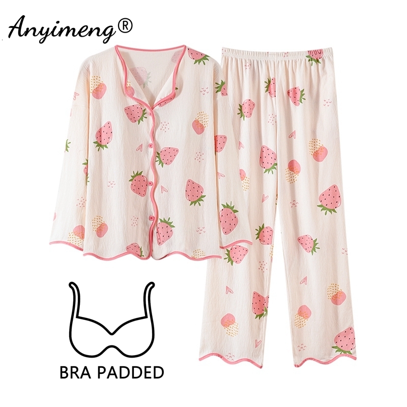 2025 New Autumn Cute Pamas for Girl fashion Fashion Soft Women Pama with Bra Pads Long Sleeves Cardigan Pijamas Woman Nightwear