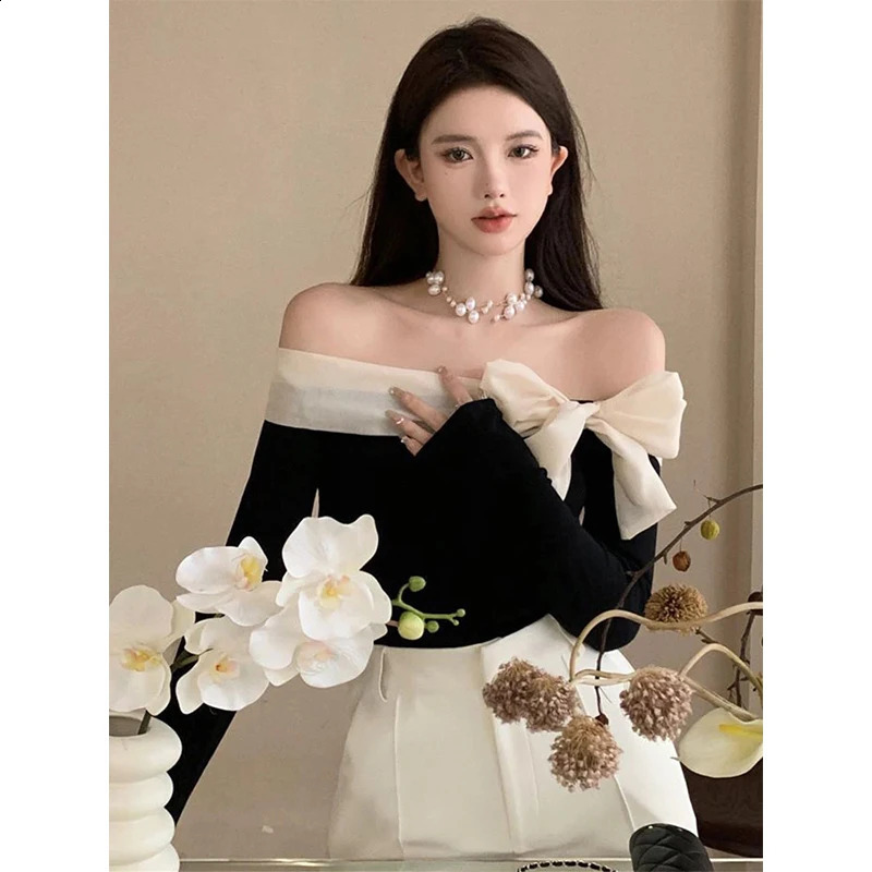 MEXZT French Elegant Sweater Women Sexy Off Shoulder Bow Slash Neck Pullovers Ladies Y2K Korean Stretch Slim Long Sleeve Tops 250107