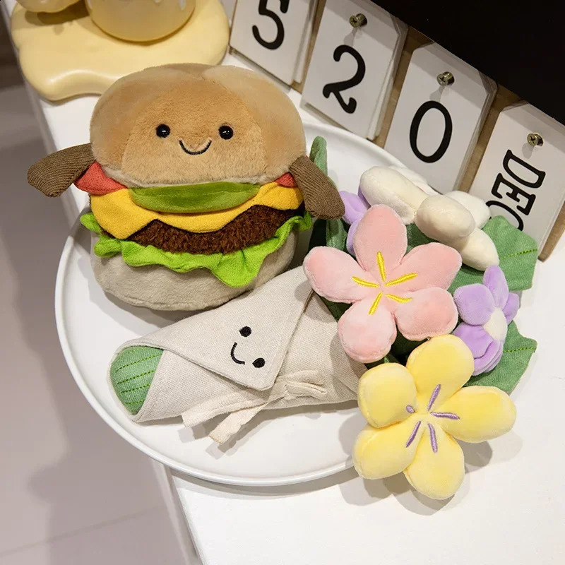 Kawaii Hamburger Plush Toy Soft Stuffed Bouquet Cushion Funny Food / Flower Pillow Cute Burger Doll Creative Birthday Gift 241021