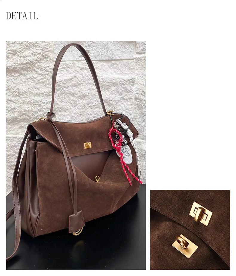 Autumn/Winter Suede Spliced Cowhide B Home Kelly Bag Buckle Handheld Underarm Single Shoulder Handbag 241019 1571 4