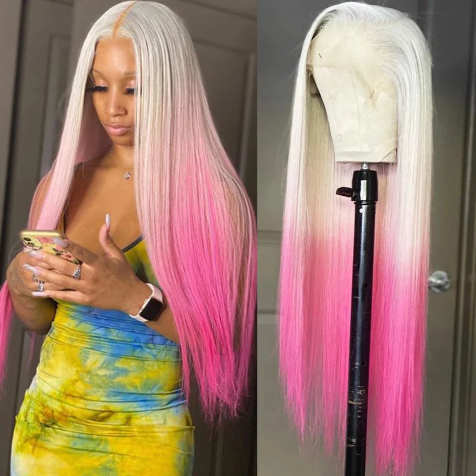 Free shipping 40 Inch Brazilian Bone Straight Pink Front wig Human Hair 13x4 HD Lace Frontal Wigs For Women Blonde 613 Colored Ombre Wig