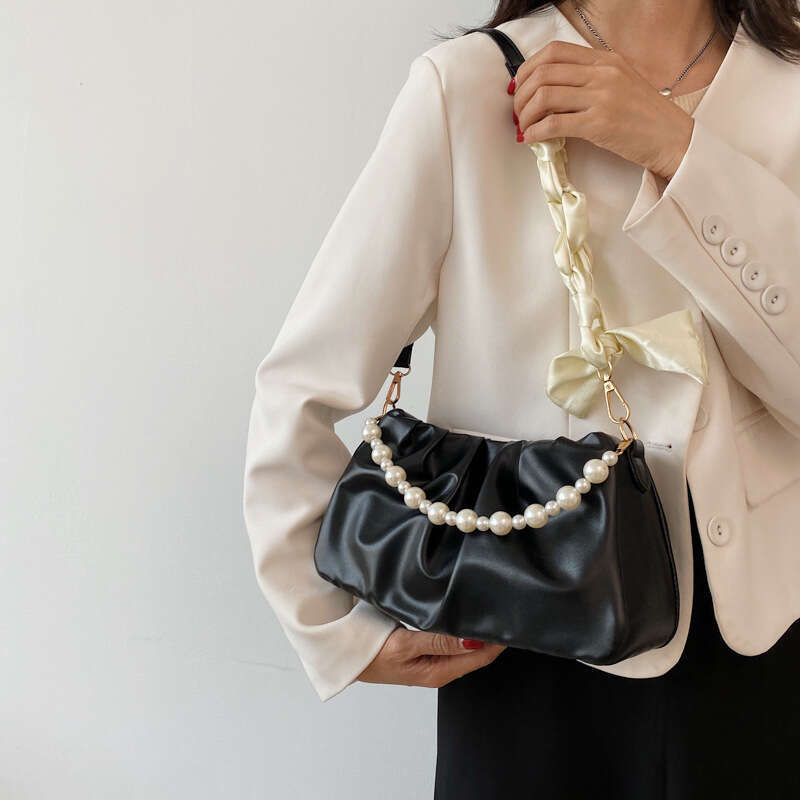 Pleated Crossbody Shoulder Bag Fashion Cloud PU Leather Small Handbags Purse Women Pearl Design Underarm Bags