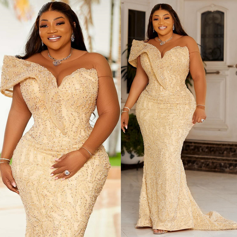 2024 Plus Size Aso Ebi Mermaid Prom Dress Evening Dresses For Special Occasions Sheer Neck Long Sleeves Beaded Lace 30TH Birthday Dress Second Recepti