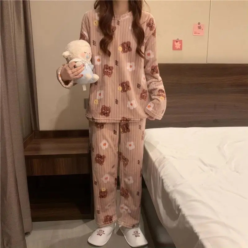 trend 2025 New Designer Top and Pants V shaped Set Thickened Warm Wool Cartoon Printed Cute Pama Set Women s Autumn Winter