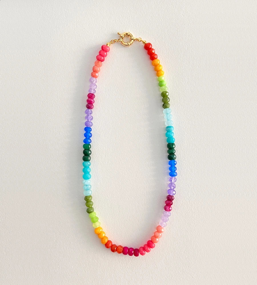 Rainbow natural semi stone necklace round beads bead necklace suitable for womens jewelry gifts 241019