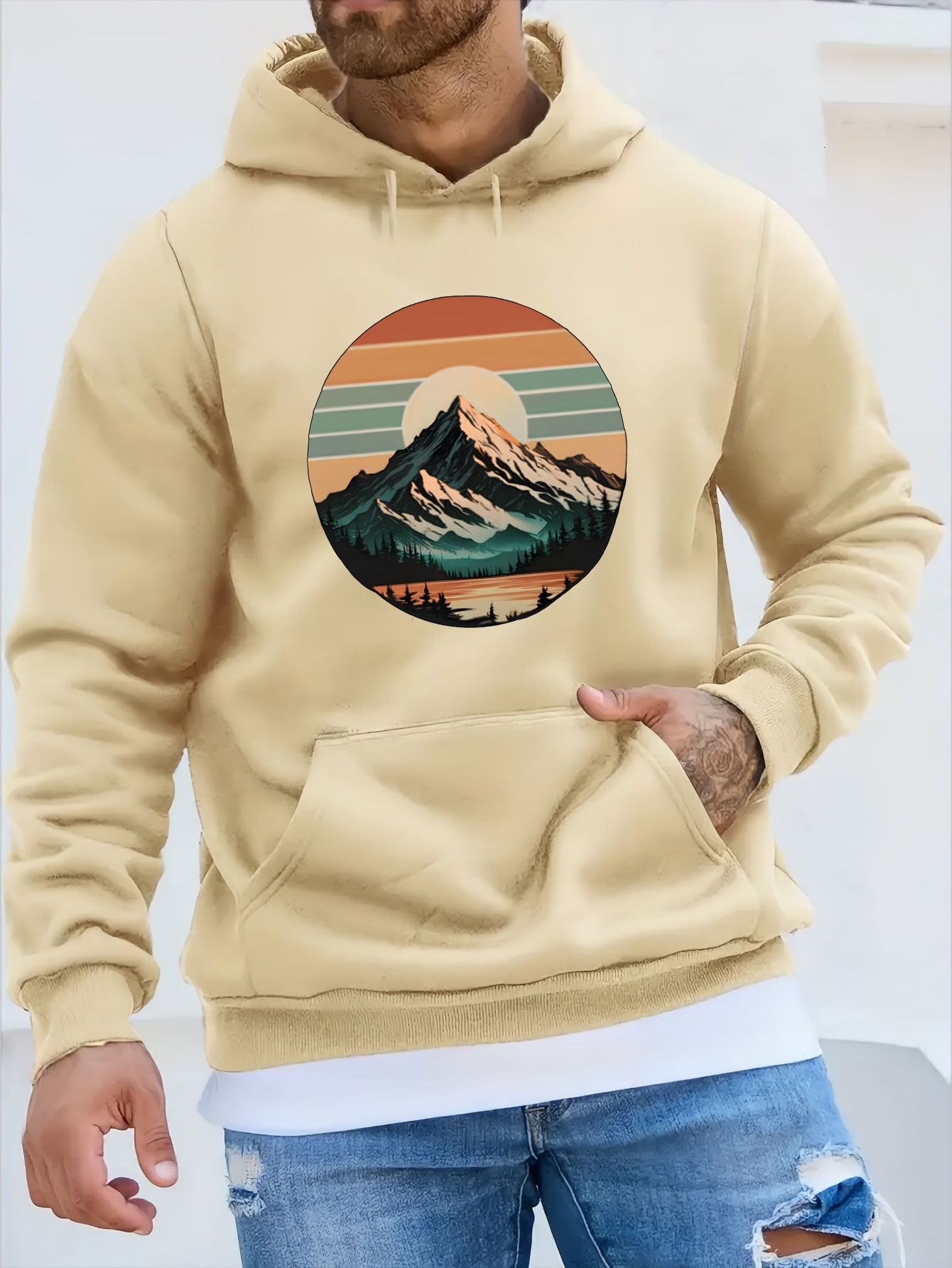 Men's Mountain Print Hoodie, Casual Polyester Pullover Sweatshirt, Long Sleeve, Regular Fit, Winter Fashion, American Style, Youth Plush, Unisex,