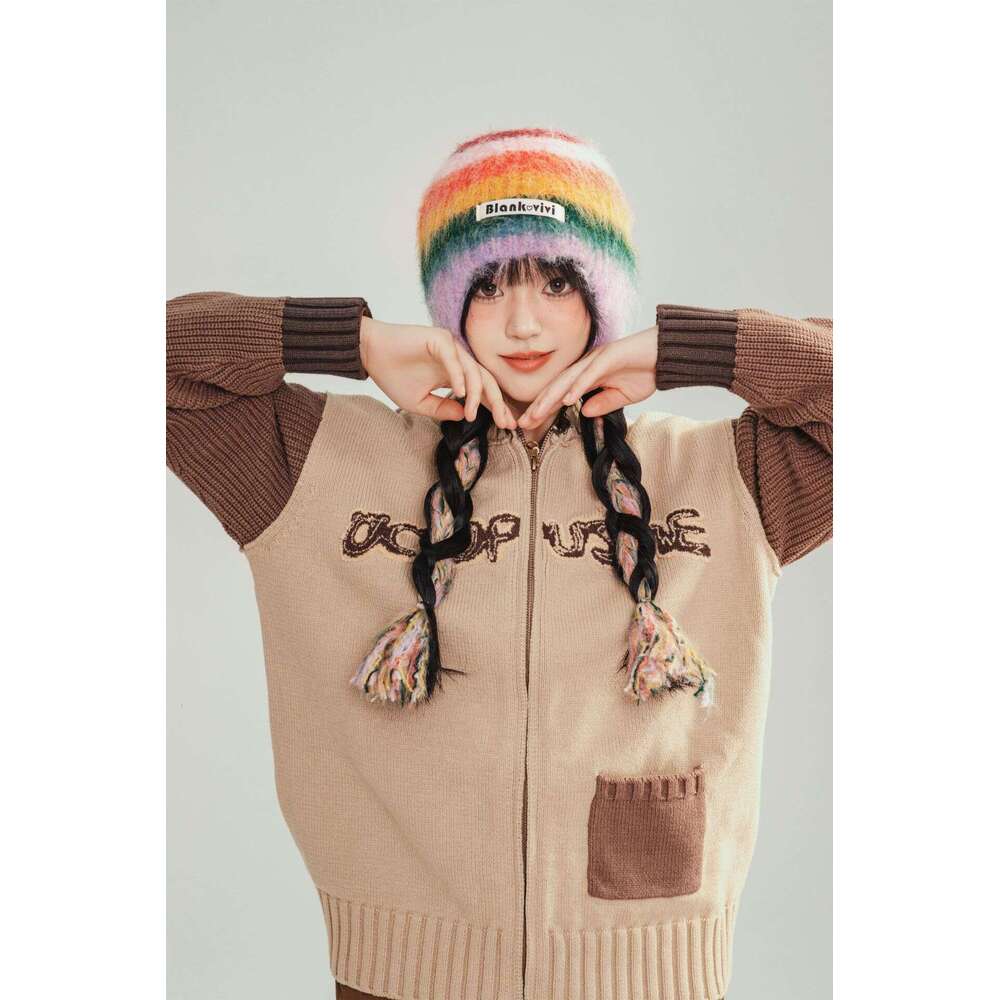 Beanie Striped design knit hat for winter outdoor warm Rainbow Christmas gift to girls knitted hat bonnet