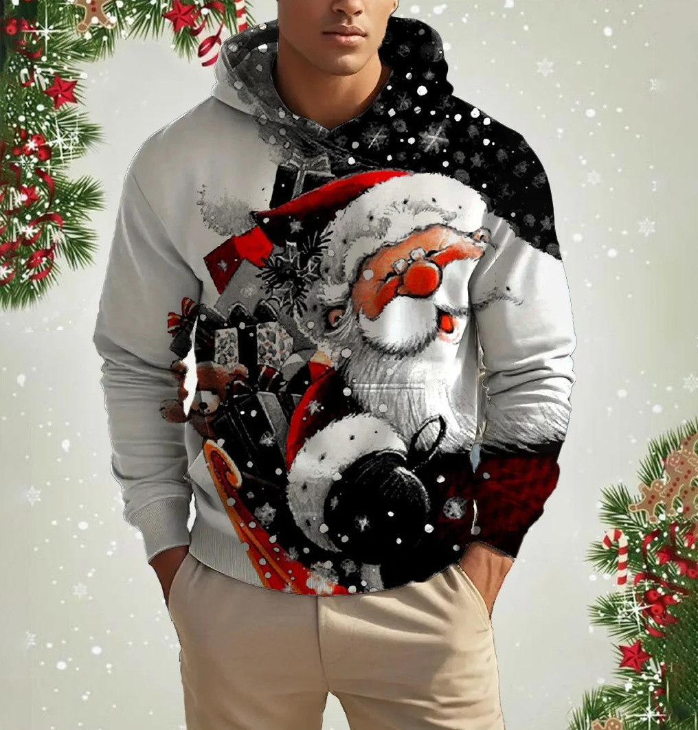 Mens Santa Claus Fashion Hoodie 3D Pattern Printed Top Autumn Winter Casual Long Sleeve Oversized Christmas Theme Hoodie 241021