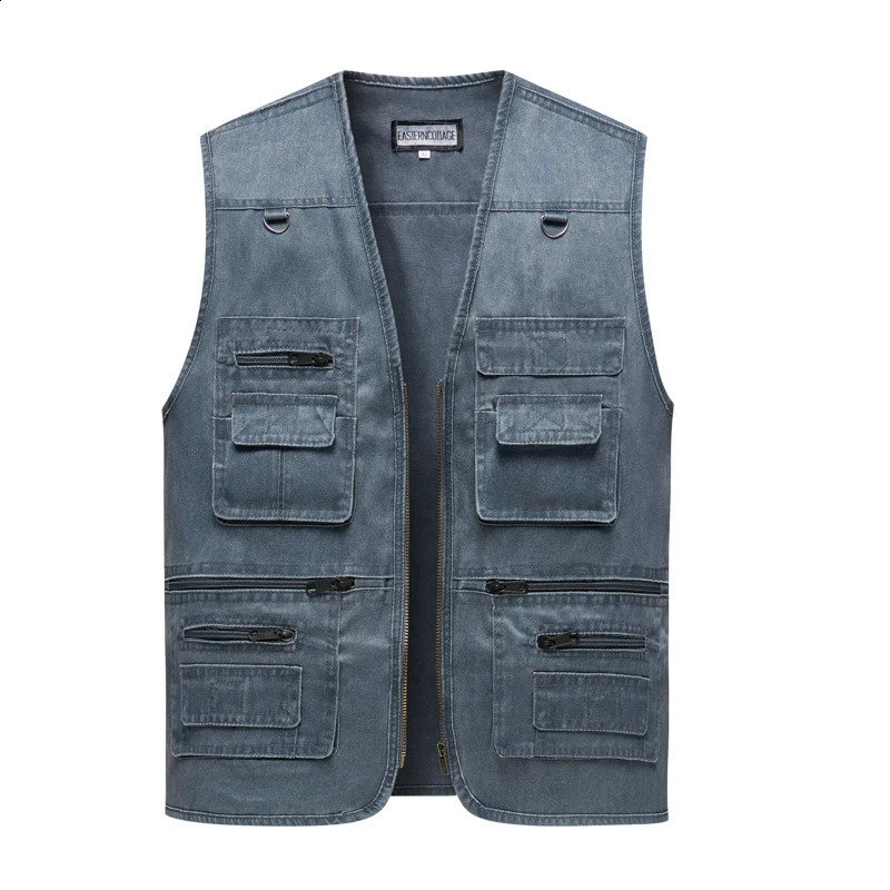 Mens Denim Vest Jacket Casual Sleeveless Waistcoat Driver Cyclist Jackets Multipocket Zipper Army Green Blue Work Cargo Vests 241021