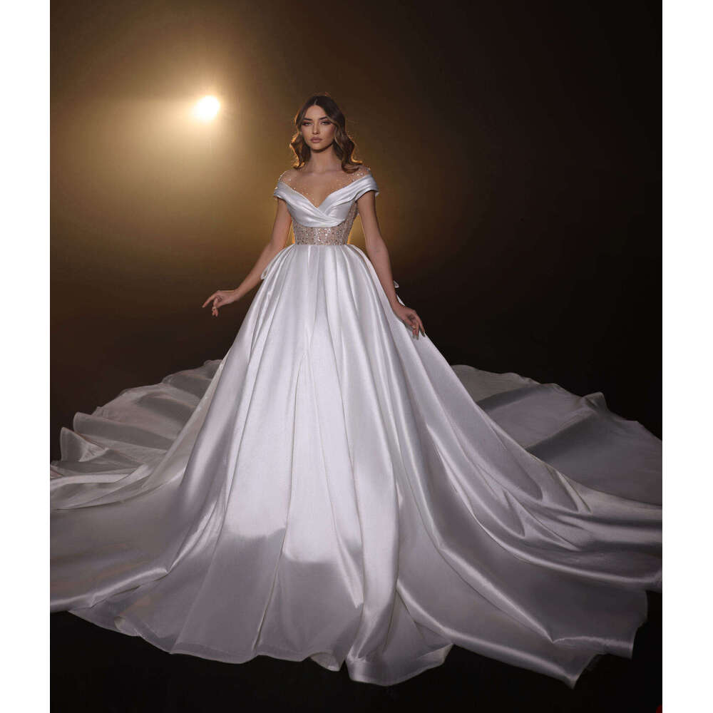 Beauteous Wedding Dress A-E V-Neck Off The Shoulder Sequined Pleat Sleeveless Or-Length Bride Vestido De Noiva Custom Made 0228Lz