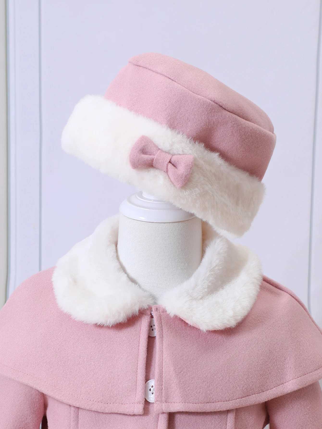 Girls new autumn and winter fur collar shawl double-layer wool coat with bow hat CL241021
