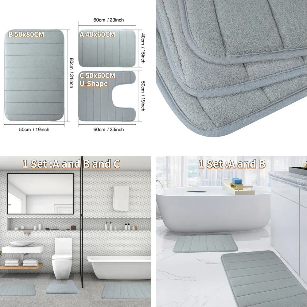 3PC Super Absorbent Bath Mat Memory Foam Carpet Non-slip Bathroom Rug Bathtub Side Floor Rugs Shower Room Doormat Toilet Footpad 241021