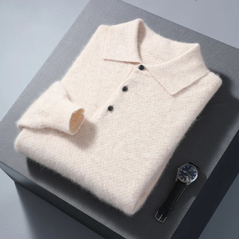 Autumn Winter Mens Mink Cashmere Lapel Pullover TShirt Polo Collar Solid Color Wool Knitted Long Sleeve Sweater Business 241021