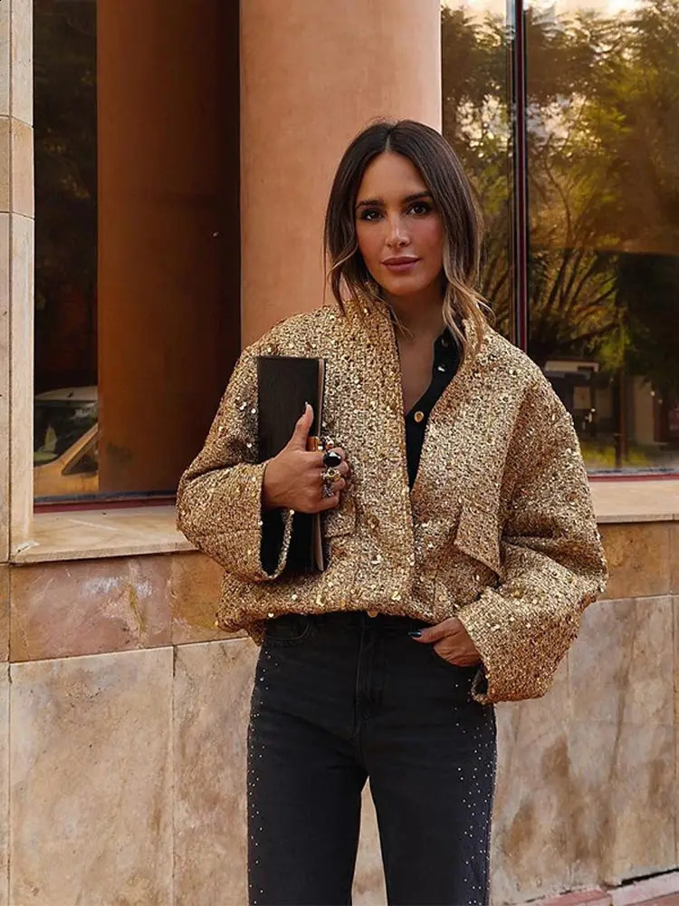 Womens retro gold glitter shiny pocket stand up collar jacket fashionable single breasted crop oversized jacket womens Y2k jacket 241019