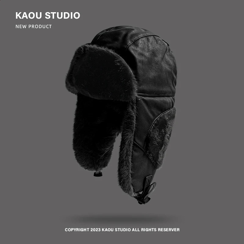 Winter Mens and Womens Leather Lei Feng Cap Retro Cold-proof Russian Hat Outdoor Velvet Ski Cycling Ear Protectors Bomber Hats 241024