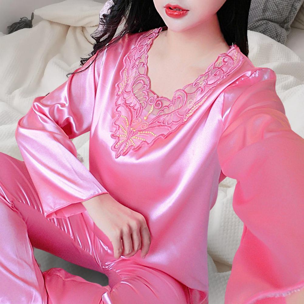 2025 Pcs Set Pamas Silky Long Sleeves V Neck Solid fashion Color Loose Sleeping Lace Plus Size Women Nightie Set for Bedroom